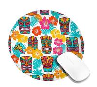 Tiki Mask Small Mouse Pad, Tropical Colorful Hibiscus Palm Leaf Summer Turquoise Round Rubber Washable Stitched Edge Cloth Mousepad Desk Decor for Office Home Dorm Laptop Round 8x8 Inch