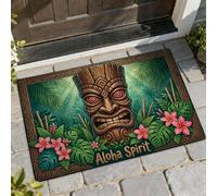 Tiki Mask Welcome Door Mat, Tropical Beach Tropical Leaves Flowers Summer Green Washable Low Profile Entry Mat Entryway Decor for Front Porch Bathroom Office 29x17 Inch