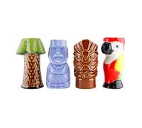 Tiki Mug Cocktail Glasses. Set of 4 Premium Ceramic Novelty Cocktail barware Including an Aztec Man Mug, Island Man Mug, Parrot Mug & Coconut Tree Mug Perfect for Any Cocktail Party.