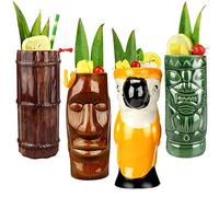Tiki Mugs Cocktail Set of 4 - Ceramic Hawaiian Party Mugs Drinkware, Cute Exotic Cocktail Glasses, Tiki Bar Professional Hawaiian Party Barware, TKSET0001