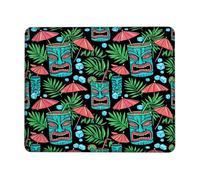 Tiki Small Mouse Pad, Tropical Vibrant Cocktail Palm Leaves Summer Turquoise Square Rubber Washable Stitched Edge Cloth Mousepad Idea for Home Office Desk Laptop Gamers Gift Square 8x10 Inch
