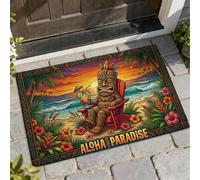 Tiki Welcome Door Mat, Tropical Beach Palm Tree Cocktail Summer Orange Non-Slip Dirt Trapper Decorative Doormat Home Decor for Entryway Outdoor Porch Balcony 29x17 Inch