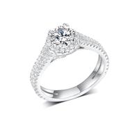 TIKJE 18K White Gold Plated Round Cut CZ Halo Engagement Ring, Split Shank Design Fake Diamond Promise Wedding Band Jewelry Gift for Her Size 6-9, Cubic Zirconia