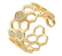 TIKODIDA 14K Gold Open Adjustable Ring for Women with Micro Pave Cubic Zirconia Geometric Design Water Cube Style Party Finger Jewelry Accessory