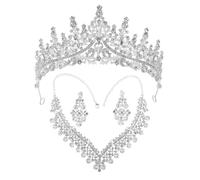 TIKODIDA Bridal Jewelry Set Three-Piece Silver White Alloy Rhinestone Wedding Crown Necklace and Earrings for Brides Prom Party Accessories