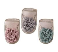 TIKODIDA Double-Sided Shower Gloves 3Pcs for Exfoliating and Deep Cleaning with Thickened Sturdy Fabric in Green Light Brown and Pink for Home Spa Bath Use