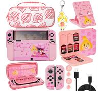 TIKOdirect Carrying Case Compatible with Switch OLED Joy-Con Controllers Newest Updated with 4 Cute Thumb Grip Caps and 2 Screen Protectors, Anti-Scratch Touch Grip Cover, Animal Crossing Pink