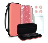 TIKOdirect Carrying Case for Switch lite,Shockproof Portable Travel Bag with Large Storage, Glitter Galaxy case, Screen Protectors, Cute Cat Claw Thumb Grips Caps, Coral Pink