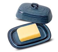 Tikooere Butter Dish with Lid, Ceramic Butter Keeper Holder with Cover and Handle for Countertop, Porcelain Butter Container for East West Coast Butter, Butter Tray for Kitchen Gift, Blue