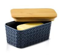 Tikooere Ceramic Butter Dish with Lid,Large Butter Container with Airtight Cover for Countertop or refrigerator,Farmhouse Butter Holder for Kitchen Gifts,Dishwasher Safe,Navy Blue Embossed Pattern