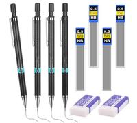 Tikplus Mechanical Pencil 0.5, 4 Pieces Mechanical Pencil Set with 4 Tubes (48 Pieces) Pencil Lead HB Lead Pencil 2 Pieces Eraser Mechanical Pencil for Drawing Writing