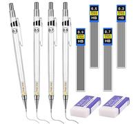 Tikplus Mechanical Pencil Set, 0.3, 0.5, 0.7, 0.9mm, Automatic Pencil, 4 Pcs Pencils with with 48pcs Lead Refills and 2 Rubber, for Students Writing,Skeching,Drawing (White)