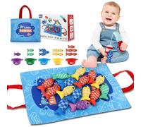 Tikplus Montessori Toys for 6 Months 1 2 3 Year Old, Fabric Fishing Game, Learning Educational Toys with Stacking Cups for Kids Boys Girls Color Sorting Baby Toy