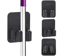 Tikplus Mop Broom Holder, 3 Pcs Black Self Adhesive Mop Holders Stainless Steel, No Drilling Garden Tool Organizer for Bathroom, Kitchen, Office, Closet, Garage