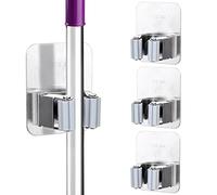 Tikplus Mop Broom Holder, 3 Pcs Self Adhesive Mop Holders Stainless Steel, No Drilling Garden Tool Organizer for Bathroom, Kitchen, Office, Closet, Garage, Silver