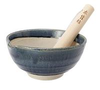 TIKUSAN Ceramic Ripple Ridge Mortar & Pestle (Suribachi & Surikogi) Set with Spout Made in Japan Mino Ware (Blue, Large)