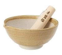 TIKUSAN Ceramic Ripple Ridge Mortar & Pestle (Suribachi & Surikogi) Set with Spout Made in Japan Mino Ware (Brown, Medium)