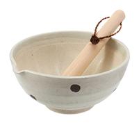 TIKUSAN Japanese Ceramic Ripple Ridge Mortar & Pestle Suribachi Bowl and Surikogi Set with Spout 7.1 inches Made in Japan (White)