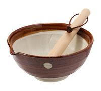 TIKUSAN Japanese Ceramic Ripple Ridge Mortar & Pestle Suribachi Bowl and Surikogi Set with Spout 7.1 inches Made in Japan (Brown)