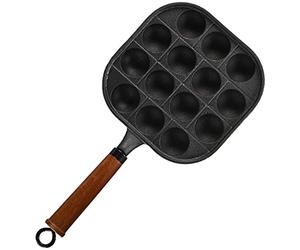 TIKUSAN Takoyaki Pan Cast Iron Takoyaki Maker Skillet Griddle Japanese Octopus Meat Ball Mold Maker Wooden Handle 14 Molds