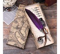 Tikwisdom TikwisdomCalligraphy Pen Set, Writing Feather Pen, Handcrafted Real Feather and Stainless Steel Nib Best Antique Executive, Ink Included, Upgraded Writing Pen (Purple)