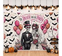 Til Death Do Us Party Wedding Skeleton Couple Backdrop Banner 71x43 Inch | Til Death Do Us Party Theme, Photography Backdrop, Gothic Romantic Style, Illustrated Skeleton Wedding