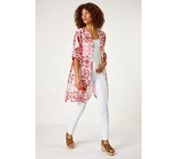 Roman Floral Print Longline Blouse for Women UK - Ladies Spring Everyday Summer Holiday V-Neckline Comfy Long Sleeve Soft Button Up Shirt Vacation Beach Tops - Red White - Size 16