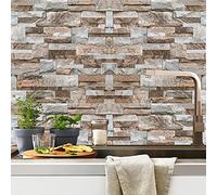 Tile Stickers 10cm x 10cm Vintage Stone Wall Stick on Tiles Kitchen Splashback Peel and Stick Floor Tiles 3D Self Adhesive Kitchen Wall Tile Stickers DIY Art Home Decorations（24 Pcs）