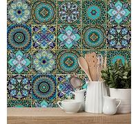 Tile Stickers 10X10CM Green Blue Stick on Tiles PVC Self Adhesive Wall Tiles Waterproof Bathroom Tile Stickers Oil Proof Kitchen Tile Stickers DIY Peel and Stick Floor Tiles(10PC)