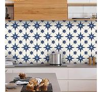 Tile Stickers 10x10cm Retro Blue Star Self Adhesive Tiles Vinyl Stick on Tiles Waterproof Oil-Proof Stick on Tiles Kitchen Bathroom Decoration Self Adhesive Wall Tiles (10 Pcs)