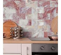 Tile Stickers 10x20cm Pink Orange Marble Self Adhesive Tiles Vinyl Stick on Tiles Waterproof Oil-Proof Stick on Tiles Kitchen Bathroom Decoration Self Adhesive Wall Tiles (16 Pcs)