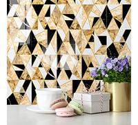 Tile Stickers 15x15 cm Geometric Gold Black Stick on Tiles Peel and Stick Self Adhesive Wall Vinyl Home Decors DIY for Bathroom Kitchen Waterproof Oilproof Backsplash (10 Pcs)