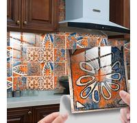 Tile Stickers 15x15cm Retro Orange Blue Self Adhesive Tiles Vinyl Stick on Tiles Waterproof Oil-Proof Stick on Tiles Kitchen Bathroom Decoration Self Adhesive Wall Tiles (10 Pcs)