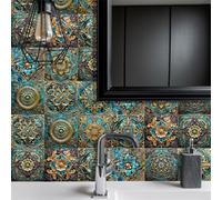 Tile Stickers 20x20cm Golden Blue Mandala Self Adhesive Tiles Vinyl Stick on Tiles Waterproof Oil-Proof Stick on Tiles Kitchen Bathroom Decoration Self Adhesive Wall Tiles (10 Pcs)