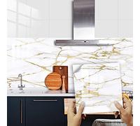 Tile Stickers 20x20cm White Gold Marble Self Adhesive Vinyl Stick on Tiles - Waterproof Oil-Proof for Kitchen Bathroom Decoration (10 Pcs)