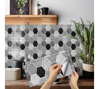 Tile Stickers 30x15 cm Black Gray Hexagon Stick on Tiles Kitchen for Bathroom Waterproof Oilproof Backsplash Vinyl Decors DIY Peel and Stick Self Adhesive Wall Tiles (6 Pcs)