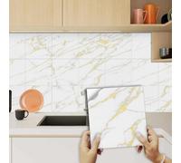 Tile Stickers Beige Yellow Marble Stick on Tiles Vinyl Self Adhesive Wall Tiles Oil-Proof Tile Stickers for Kitchen Tile Stickers for Bathroom Waterproof Stick on Wall Tiles 10 Pcs/20x20cm