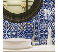 Tile Stickers Blue Mandala Oil Proof Stick on Tiles Kitchen Bathroom Vinyl Waterproof Self Adhesive Tiles Peel and Stick Removable Self Adhesive Floor Tile Transfers Wall 30x30cm/10 Pcs