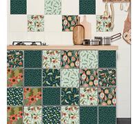 Tile Stickers Dark Green Flowers Stick on Tiles PVC Self Adhesive Wall Tiles Waterproof Bathroom Tile Stickers Oil Proof Kitchen Tile Stickers DIY Peel and Stick Floor Tiles10 PC(15x15cm)