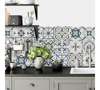 Tile Stickers Elegant Blue Yellow Stick on Tiles for Bathroom Kitchen Backsplash Oil Proof Waterproof Cabinet Staircase Self Adhesive Wall Tiles DIY Home Decor 10x10cm/24 pcs