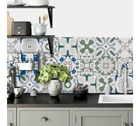 Tile Stickers Elegant Green Blue Stick on Tiles for Bathroom Kitchen Backsplash Oil Proof Waterproof Cabinet Staircase Self Adhesive Wall Tiles DIY Home Decor 10x10cm/24 pcs