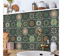 Tile Stickers Emerald Green Mandala Peel and Stick Wallpaper - Waterproof Vinyl Self Adhesive Wall Tiles - Oil-Proof - Kitchen & Bathroom - 24 Pcs (10x10cm)