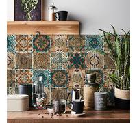 Tile Stickers for Kitchen Bathroom 20x20cm Moroccan Vintage Stick on Tiles Self Adhesive Floor Wall Stickers Vinyl Waterproof Oil Proof DIY 24pcs