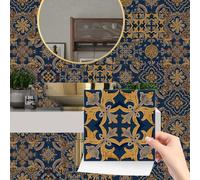 Tile Stickers Golden Blue Retro Stick on Tiles for Bathroom Kitchen Backsplash Oil Proof Waterproof Cabinet Staircase Self Adhesive Wall Tiles DIY Home Decor 15x15cm/24 pcs