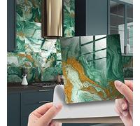 Tile Stickers Green Gold Marble Self Adhesive Tiles Waterproof Stick on Tiles Home Decor Tile Stickers for Kitchen Bathroom Self Adhesive Wall Tiles 20x20cm (10 Pcs)