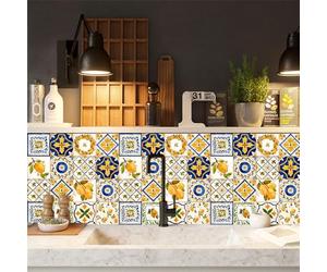 Tile Stickers Lemon Yellow Blue Bathroom Kitchen Stick on Tiles Transfers Peel and Stick Floor Self Adhesive Wall Tiles Durable Waterproof Oil-Proof for Stairs Removable 10x10cm/16 Pcs