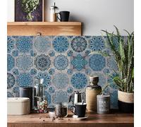 Tile Stickers Mandala Blue Grey Stick on Tiles Waterproof Self Adhesive Wall Tiles Oil-Proof Stick on Wall Tiles Kitchen Tile Stickers for Bathroom Stairs Home Decor 24 Pcs/10x10cm