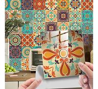 Tile Stickers Orange Beige Bohemian Stick on Tiles PVC Self Adhesive Wall Tiles Waterproof Bathroom Tile Stickers Oil Proof Kitchen Tile Stickers DIY Peel and Stick Floor Tiles 24PC(10x10cm)