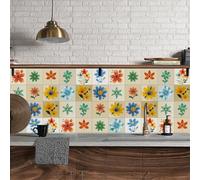 Tile Stickers Orange Green Flowers Stick on Tiles for Bathroom Kitchen Backsplash Oil Proof Waterproof Cabinet Staircase Self Adhesive Wall Tiles DIY Home Decor 10x10cm/24 pcs
