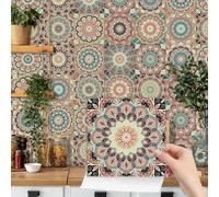 Tile Stickers Orange Yellow Mandala Stick on Tiles for Bathroom Kitchen Backsplash Oil Proof Waterproof Cabinet Staircase Self Adhesive Wall Tiles DIY Home Decor 10x10cm/24 pcs